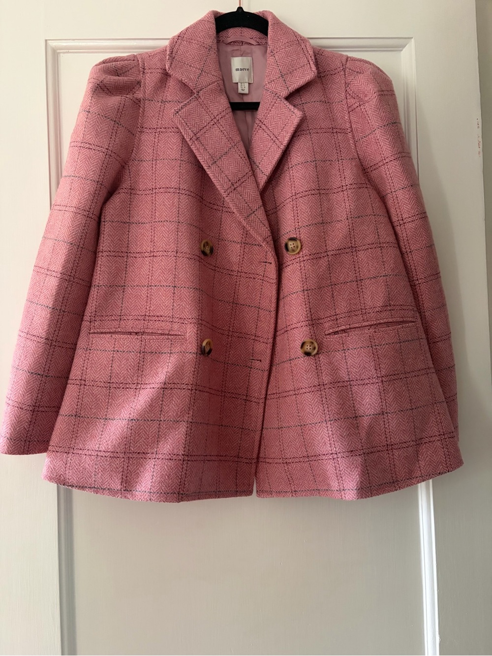 Maeve Pink Windowpane Plaid Double-Breasted Blazer Jacket